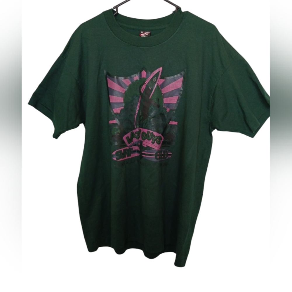 Vtg Single Stitch Lazy Guys Surf Club Green Tee W Surf Board Size XL